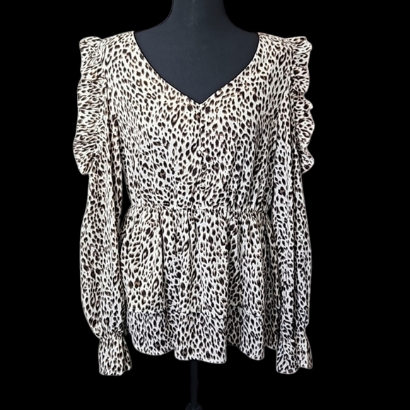 Oddi Women's Cold Shoulder Animal Print Long Sleeve Ruffles Blouse Size Large - Picture 16 of 16